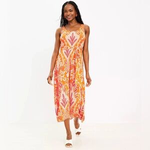 Loft Paisley Tie Waist Sleeveless Calypso Orange Midi Dress Size Small New